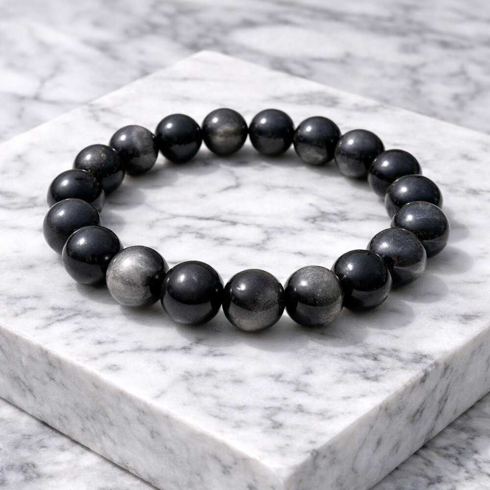 Silvery Black Obsidian Gemstone 10mm Beaded Stretch Bracelet Crystal Jewelry